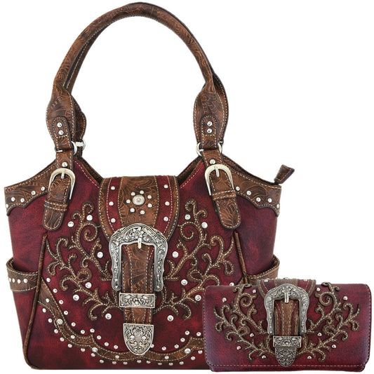 Western Style Country Buckle Floral Tote Bag Women Handbag Shoulder Bag Wallet